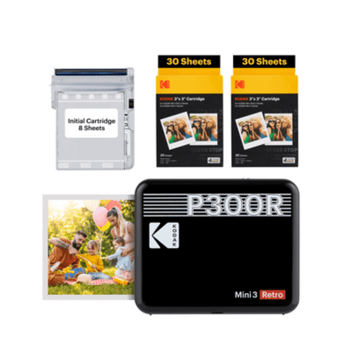 KODAK Mini 3 Retro Instant Portable Photo Printer (3x3 inches) + 68 Sheets Bundle, Black
