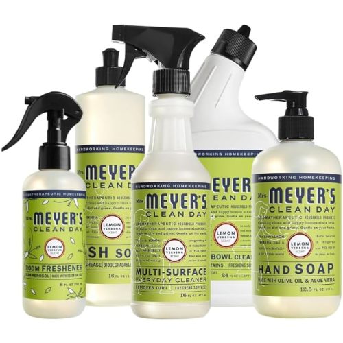 Mrs. MEYER'S Clean Day, Room Freshener, Hand Soap, Dish Soap, Multi-Surface Cleaner & Toilet Cleaner, Lemon Verbena, Variety Pack