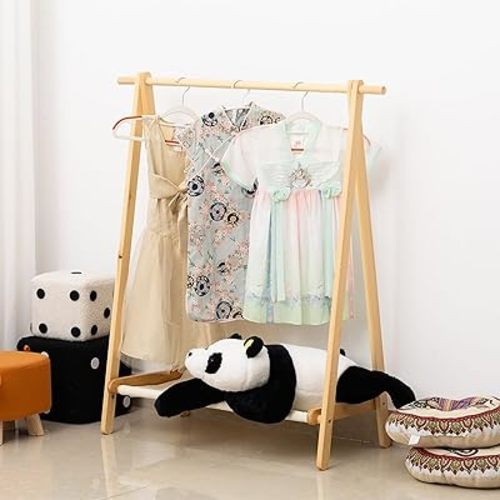 Dress up Rack,Child Garment Rack,Dress up Storage,Kids Clothing Rack with Storage Shelf Pine Wood (39" L x 15" W x 44" H)(H023-Natural)