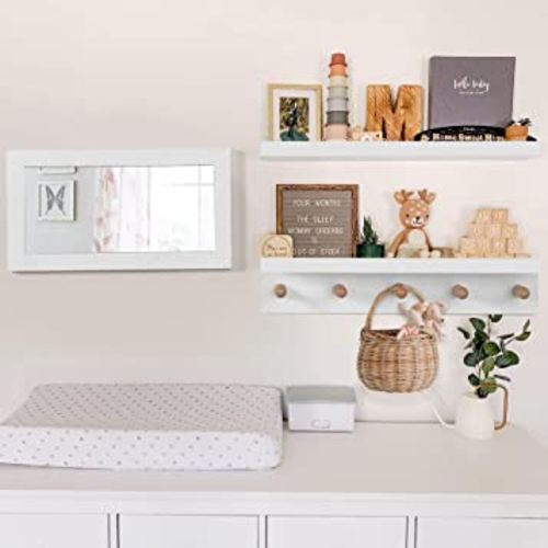 COMAX Nursery Floating Book Shelves with Wall Mirror, Wall Bookshelf for Kids Room Bedroom, Hanging Nursery Book Shelves Wall Mounted Bookshelves, Hanging Baby Book Shelf Nursery Shelves White