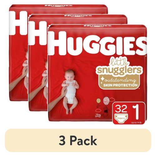 (3 pack) Huggies Little Snugglers Diapers, Heavy Absorbency, Size 1 (8 to 14 Pounds), 32 Count