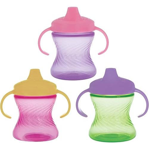 Nuby 2-Handle No-Spill Hard Spout Sippy Cup with Easy Grip - (3-Pack) 7 oz - Baby Sippy Cup with Controlled Sipping for 6+ Months - Girls