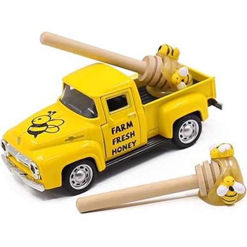 Huray Rayho Mini Farm Fresh Honey Yellow Truck Toy with Faux Honey Dippers Farmhouse Honeybee Tiered Tray Decor Vintage Pickup Metal Truck Spring for Summer Bookshelf Table Kitchen Decors