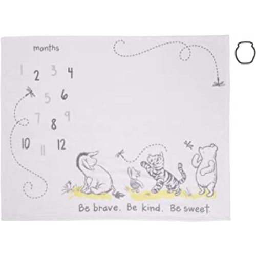 Disney Classic Winnie The Pooh, White, Grey & Lime Super Soft Milestone Baby Blanket, White, Grey, Lime, Charcoal