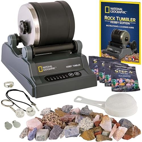 National Geographic Rock Tumbler Kit – Hobby Edition Includes Rough Gemstones, and 4 Polishing Grits, Great STEM Science Kit for Geology Enthusiasts, Rock Polisher for Kids and Adults