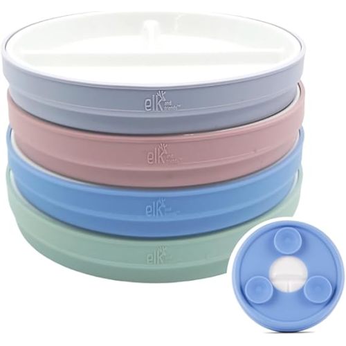 Elk and Friends Kids 6.7” Porcelain Divided Plates with Silicone Suction Sleeves | Suitable for Babies/Kids/Toddlers | Microwave & Dishwasher Safe | Non Slip | Snack Dishes | 4 Pack