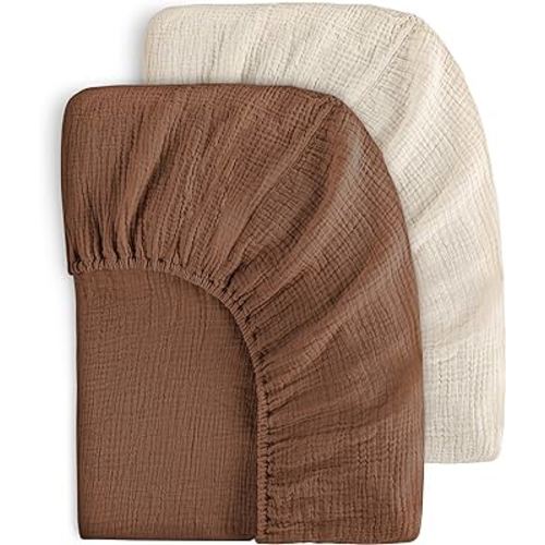 Yoofoss Muslin Crib Sheets for Boys Girls 100% Cotton Fitted Baby Crib Sheet 2 Pack Soft and Breathable for Standard Crib Mattress & Toddler Mattress 52"x28" Apricot&Brown