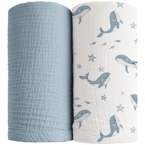 Konssy 2 Pack Muslin Swaddle Blankets, 100% Cotton Receiving Blanket Large 47 x 47 inches for Baby Boys Girls, Soft Breathable Muslin Baby Blanket for Newborn (Blue Whale,Blue)