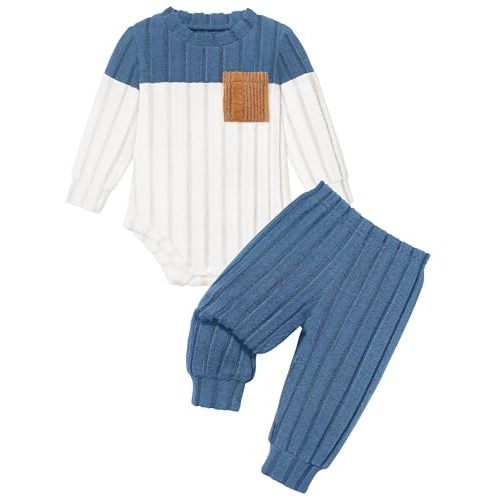 Baby Boy Clothes Color Block Ribbed Knitted Outfits Long Sleeve Romper+ Pants 2PCS Outfit 0-12 Months