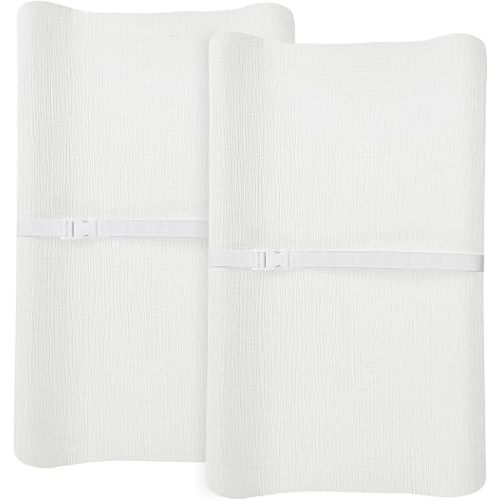 Changing Pad Cover for Baby Girls Boys, Muslin Changing Table Pad Covers with Boho Style, Neutral Color Soft and Breathable (White & White)