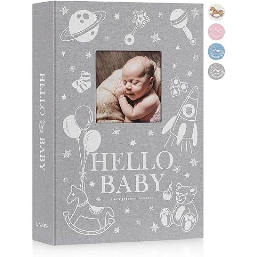 Lanpn Baby Photo Album 4x6 300 Pockets, Linen Newborn Bebe Ultrasound Photo Album with Memo Writing Area, Cover Photo Book, Picture Album for kids, Baby Boy Memory Book Keepsake Grey