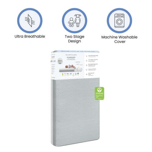 Delta Children SmartBreathe Machine Washable Crib and Toddler Mattress - Breathable Cloud Core, Machine Washable Cover, GREENGUARD Gold, Waterproof, Sustainably Sourced Fiber Core, Artic Blue/White