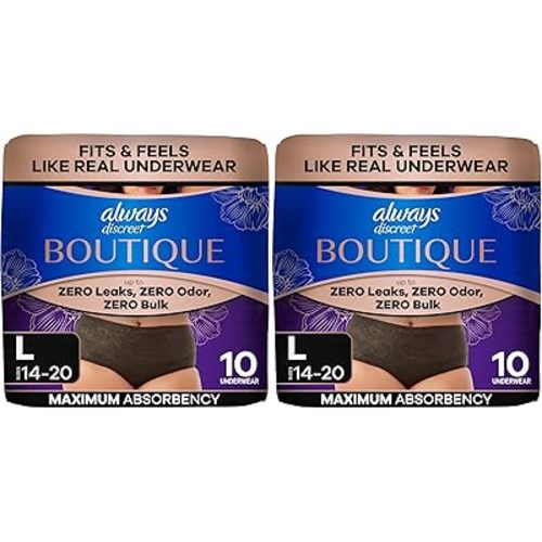 Always Discreet Boutique Low-Rise Postpartum Incontinence Underwear Size L Maximum Absorbency, Up to 100% Leak Protection, Black, 10 Count (Pack of 2)