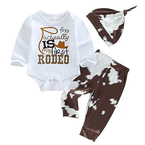 SAYOO Western Newborn Baby Boys Cowboy Outfit Cow Print Letter Bodysuit Long Leggings Cap 3pcs Infant Boy Country Clothes