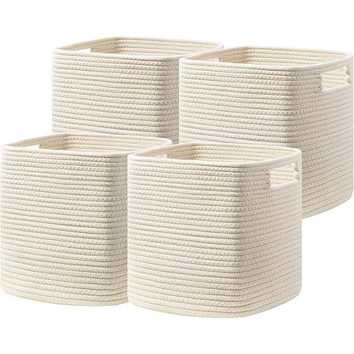 UBBCARE Set of 4 Storage Cubes-13 X 13 X 13 In, Cotton Rope Basket for Shelves, Toys, Book, Cube Storage Bin with Handles, Woven Storage Basket for Organizing, Beige