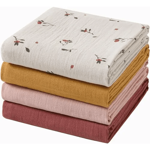 Muslin Swaddle Blankets for Boys & Girls, Soft Breathable Swaddling Blankets, Large 47" X 47" inches Baby Muslin Swaddles, 4 Pack Red Berries/Earthy Colors