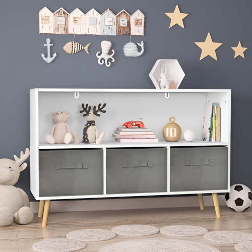 Kids Bookcase and Bookshelf, Multi Shelf Cubby with 3 Collapsible Fabric Drawers, Children's Book and Toy Display Rack, Toy Storage Organizer for Bedroom, Playroom, Hallway (Grey)
