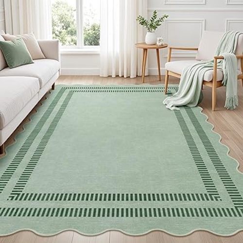 Scalloped Rug 5x7, Green Rugs for Living Room Ultra-Thin, Washable Area Rug Soft Rugs Non-Slip Throw Carpet for Bedroom ‎Dining Room Playroom