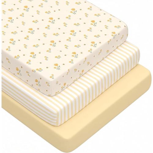 3 Pack Crib Sheets for Girls – Fitted Crib Sheets for Standard Crib Mattress and Toddler Mattress, Ultra Soft Breathable Washable Polyester, 28x52inch, Yellow & Flower