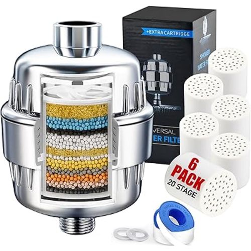 Chrome 20 Stage Vitamin C Shower Filter with 6 Cartridges – Reduces Dry Skin, Dandruff, Eczema & Hair Loss | High Output Hard Water Softener to Remove Chlorine, Fluoride & Heavy Metals