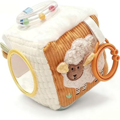 let's make Baby Activity Cube, Farm Soft Block Sensory Toys 6-12 Months with Rattle, 3D Corduroy, Mirror & Travel Clip - Tummy Time Toy Boy Girl Gifts