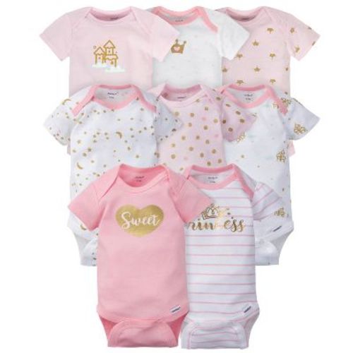 Gerber Baby Girls' Short Sleeve Onesies Bodysuits, 8-pack, Castle, 0-3 Months