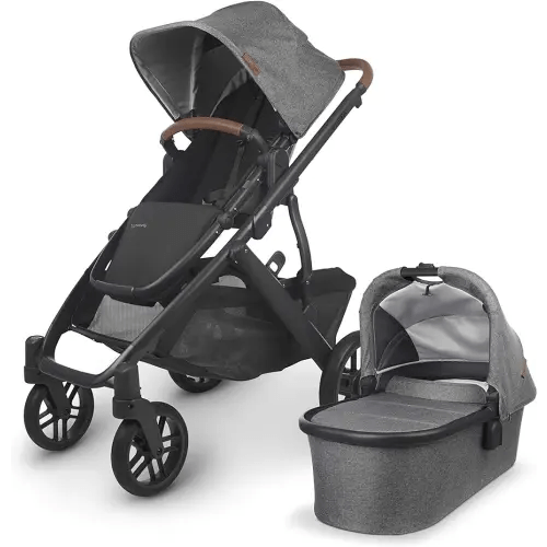 UPPAbaby Vista V2 Stroller|Convertible Single-To-Double Stroller System|Bassinet, Toddler Seat, Bug Shield, Rain Shield, and Storage Bag Included|Greyson (Charcoal Mélange/Carbon Frame/Saddle Leather)