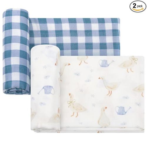 LifeTree Baby Swaddle Blankets, Boys Girls Muslin Swaddling Wrap Receiving Blanket for Newborn, 70% Viscose from Bamboo and 30% Cotton, Large 47" x 47", Duck and Checkered