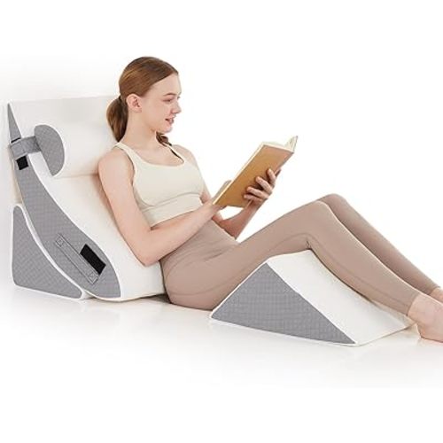 4PCS Orthopedic Bed Wedge Pillow Set for Post Surgery - Adjustable Wedge Pillow for Neck Back and Leg Pain Relief - Triangle Pillow Wedge for Acid Reflux & Sleeping & GERD (White Grey)