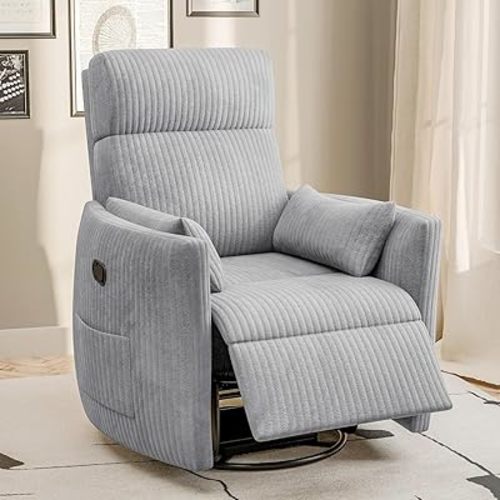 Flamaker Swivel Recliner Chair, Massage Nursery Rocking Chair with 2 Pillows, Comfy Single Sofa Glider Rocking Chair with Side Pockets for Living Room (Corduroy, Dark Grey)