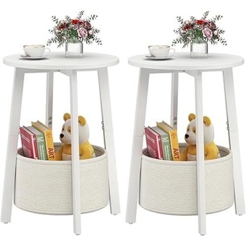 sthmec Small Round Side End Table Set of 2 with Cloth Storage Basket, Round Bedside Sofa Couch Coffee Tables for Small Places with Metal Frame, Modern Nighstands for Living Room Bedroom,White