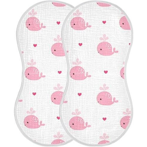 Pink Whale with Heart Muslin Burp Cloths for Baby 2 Pack 100% Cotton Baby Washcloths Bibs for Boy Girl