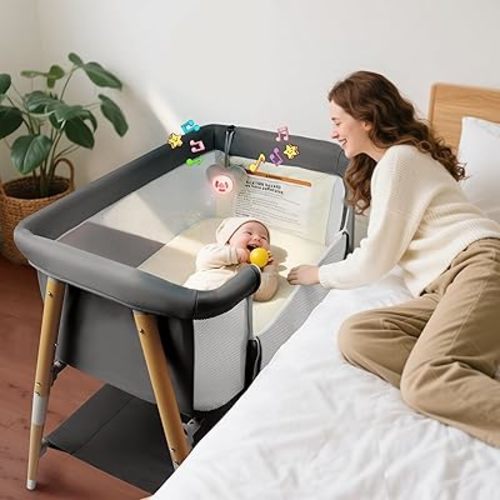 Baby Bassinet, 3 in 1 Bedside Bassinet Sleeper for Newborn, Portable Baby Crib with 4 Detachable Wheels & Adjustable Height, Breathable Mesh & Mattress, Mosquito Net& Storage Basket