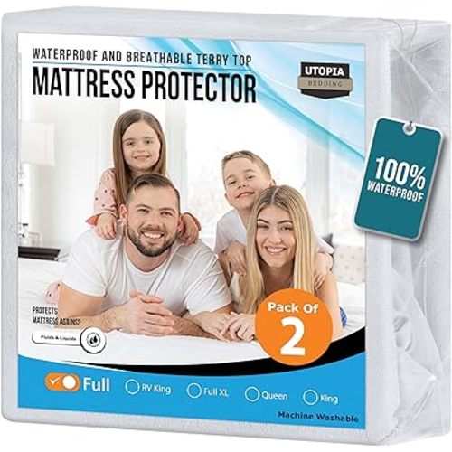 Utopia Bedding Waterproof Mattress Protector Full Size 2 Pack, 200 GSM Breathable Terry Mattress Cover, Fitted Style with Stretchable Pockets (White)