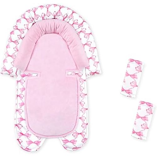 Infant Car Seat Insert, Baby Car Seat Head & Body Support with 2 Straps Pads, Ultra Soft Newborn Preemie Carseat Insert Cushion for Girls, Fits Car Seat, Stroller, Swing, Bouncer, Pink Bow