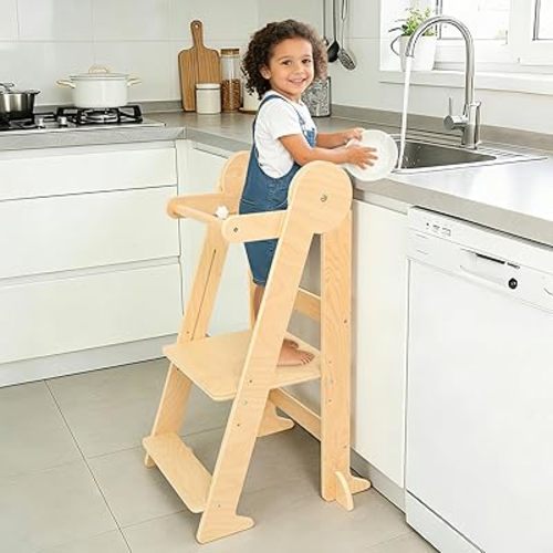 Foldable Toddler Learning Standing Tower, Kitchen Tower for Kid with 3 Adjustable Heights, Montessori Toddler Standing Tower for Kitchen Counter and Bathroom Sink