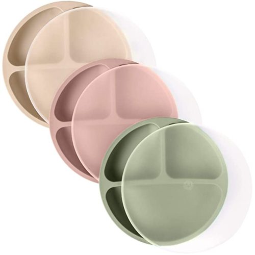 100% Silicone Plates with Lids for Toddlers - 3 Pc Set, Divided Baby Plates, Dishwasher & Microwave Friendly, Food Grade Silicone Kids Plates with Dividers - Matte Green, Pink & Off White - With Lids
