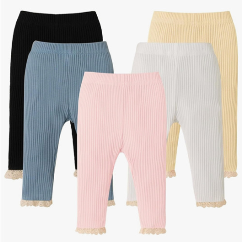 DREAM BUS 5 Pack Baby Girl Pants Toddler Girl Solid Ribbed Pants with Lace Trim Newborn Cotton Leggings Infant Jogger Pants
