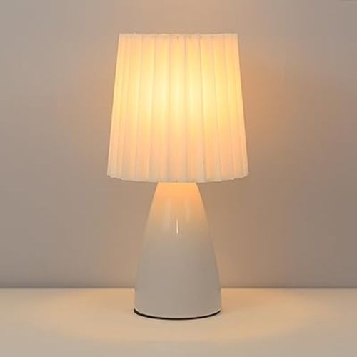 Cute Stylish Small Night Lamp, Pleated Fabric Lampshade, Ceramic Body, Adjustable Light Color and Brightness with Power-Off Memory, Safe USB Powered, LED Bedside Light (White)