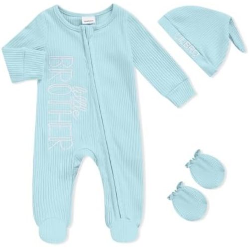 Newborn Baby Boy Outfits Zippered Romper Letter Embroidered Coming Home Jumpsuit with Hat Mittens