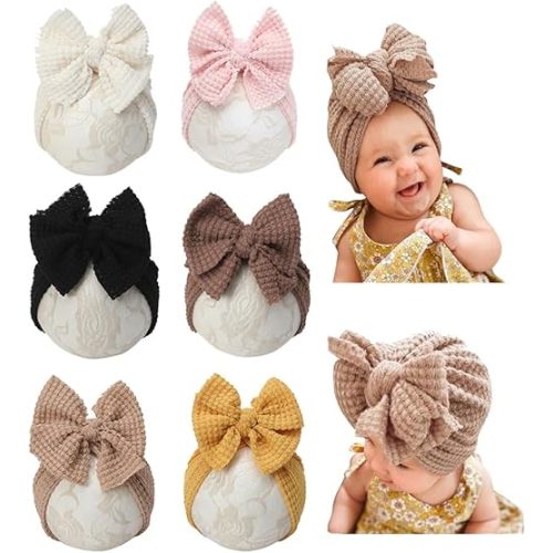 Baby Girls Hair Bow Turban Hat 6PCS Set, Top Bowknot Head Wrap Beanie India Caps for Infant Toddlers