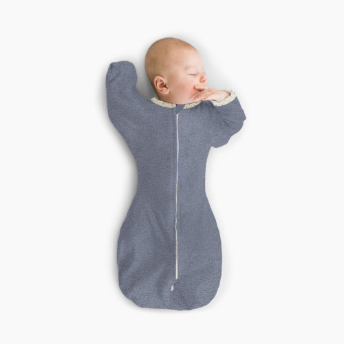 SwaddleDesigns Transitional Swaddle Sack with Arms Up Half-Length Sleeves and Mitten Cuffs - Heathered Denim, Small 6-14 Lbs (0-3 Months)