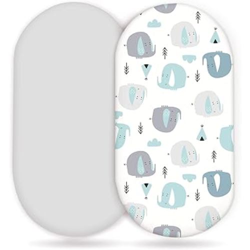 Stretchy Ultra Soft Fitted Bassinet Sheets 2 Pack, Universal Fitted Sheets for Rectangle, Oval, or Hourglass Bassinet Mattresses or Changing Pads, Cute Elephant Baby Sheets for Boy and Girl