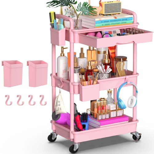 Yeabett 3 Tier Rolling Utility Cart Organizer with Removable Drawer, Mobile Storage Carts with 2 Lockable Wheels for Bathroom, Kitchen, Snack, Craft, Makeup, Baby Essentials, Pink