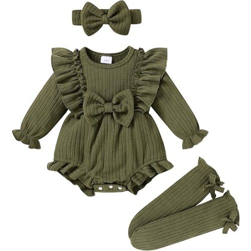 YOUNGER TREE Newborn Baby Girl Clothes Sweater Long Sleeve Ruffle Bow Romper Bodysuit Spring Fall Winter Outfits