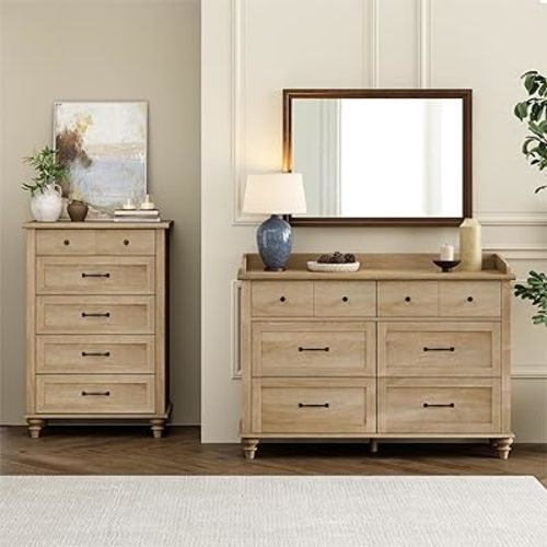 WAMPAT 2 Piece Dresser Set for Bedroom - Include One Farmhouse Dresser with 6 Drawers, One Kids Dressers with 5 Drawers, Wooden Chest of Drawers Organizer Set for Living Room, Kids Room, Oak