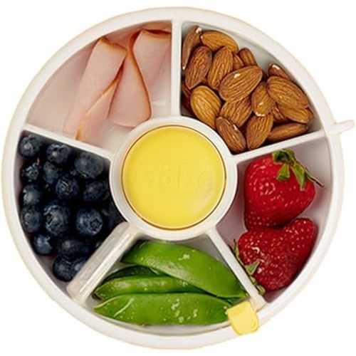 GoBe Kids Small Snack Spinner Flip Bundle with Hand Strap and Sticker Sheet - Reusable Snack Container with 5 Compartment Dispenser and Lid | BPA/PVC Free | Dishwasher Safe | No Spill - Lemon Yellow