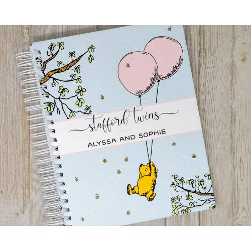Personalized Twin Baby Book - Hardcover Baby Memory Book for Twin Girls - First Year Twin Book - Classic Winnie the Pooh with 2 Balloons
