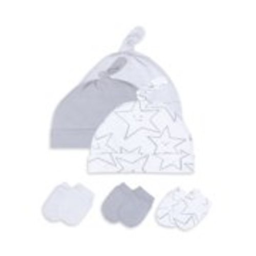 Little Star Organic Baby Boy or Girl Gender Neutral Newborn Essentials Knot Top Caps & Scratch Mittens Set, 6pc