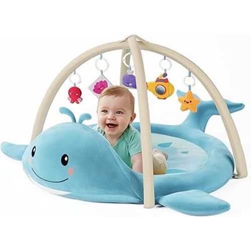 Baby Play Mat, Whale Tummy Time Mat with Toys, Baby Activity Gym for Infants 0–12 Months – 100% Cotton Sensory Floor Mat for Boys & Girls
